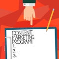 Conceptual hand writing showing Content Marketing Program. Business photo showcasing strategic method of delivering