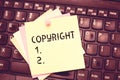Conceptual hand writing showing Copyright. Business photo text exclusive and assignable legal right given to originator