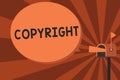 Conceptual hand writing showing Copyright. Business photo text exclusive and assignable legal right given to originator Royalty Free Stock Photo