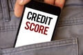 Conceptual hand writing showing Credit Score. Business photos text Capacity to repay a loan Creditworthiness of an individual