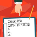 Conceptual hand writing showing Cyber Risk Quantification. Business photo showcasing maintain an acceptable level of