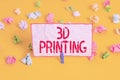 Conceptual hand writing showing 3D Printing. Business photo text making a physical object from a threedimensional