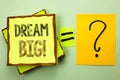 Conceptual hand writing showing Dream Big. Business photo showcasing Motivation Plan Aim Dream Vision Strategy Challenge Idea writ