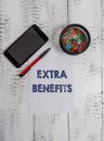 Conceptual hand writing showing Extra Benefits. Business photo text Additional compensation Bonus Subsidies Incentives Royalty Free Stock Photo