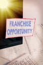 Conceptual hand writing showing Franchise Opportunity. Business photo text Business License Privilege Owner to Dealer Affiliation