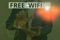 Conceptual hand writing showing Free Wifi. Business photo showcasing let you connect to the Internet in public places