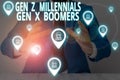 Conceptual hand writing showing Gen Z Millennials Gen X Boomers. Business photo showcasing Generational differences Old