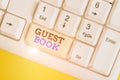 Conceptual hand writing showing Guest Book. Business photo text electronic means for a visitor to acknowledge a visit to