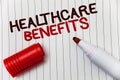 Conceptual hand writing showing Healthcare Benefits. Business photo showcasing it is insurance that covers the medical expenses wh