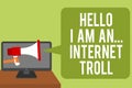 Conceptual hand writing showing Hello I Am An ... Internet Troll. Business photo text Social media troubles discussions arguments