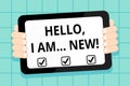 Conceptual hand writing showing Hello I Am New. Business photo showcasing used greeting or begin telephone conversation Royalty Free Stock Photo