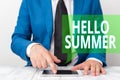 Conceptual hand writing showing Hello Summer. Business photo showcasing Welcoming the warmest season of the year comes Royalty Free Stock Photo