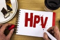 Conceptual hand writing showing Hpv. Business photo showcasing Human Papillomavirus Infection Sexually Transmitted Disease Illness Royalty Free Stock Photo