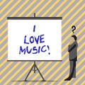 Conceptual hand writing showing I Love Music. Business photo text Having affection for good sounds lyric singers Royalty Free Stock Photo