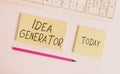 Conceptual hand writing showing Idea Generator. Business photo showcasing process of creating developing and communicating ideas Royalty Free Stock Photo