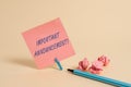 Conceptual hand writing showing Important Announcement. Business photo showcasing spoken statement that tells showing