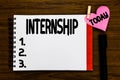 Conceptual hand writing showing Internship. Business photo text Student Trainee working on organization to gain Royalty Free Stock Photo