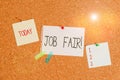 Conceptual hand writing showing Job Fair. Business photo showcasing event in which employers recruiters give information to