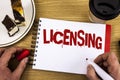 Conceptual hand writing showing Licensing. Business photo showcasing Grant a license Legally permit the use of something Allow act Royalty Free Stock Photo