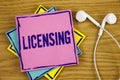 Conceptual hand writing showing Licensing. Business photo showcasing Grant a license Legally permit the use of something Allow act Royalty Free Stock Photo