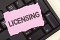 Conceptual hand writing showing Licensing. Business photo showcasing Grant a license Legally permit the use of something Allow act