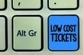 Conceptual hand writing showing Low Cost Tickets. Business photo text small paper bought to provide access to service or show Royalty Free Stock Photo