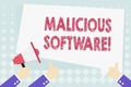 Conceptual hand writing showing Malicious Software. Business photo showcasing the software that brings harm to a