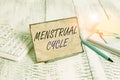 Conceptual hand writing showing Menstrual Cycle. Business photo text monthly cycle of changes in the ovaries and uterus lining Royalty Free Stock Photo