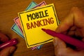 Conceptual hand writing showing Mobile Banking. Business photo text Online Money Payments and Transactions Virtual Bank Text color