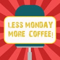 Conceptual hand writing showing Less Monday More Coffee. Business photo showcasing Hot beverage to get inspired in the