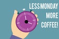 Conceptual hand writing showing Less Monday More Coffee. Business photo text Hot beverage to get inspired in the week beginning Hu