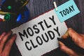 Conceptual hand writing showing Mostly Cloudy. Business photo text Shadowy Vaporous Foggy Fluffy Nebulous Clouds Skyscape Man hold