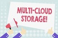 Conceptual hand writing showing Multi Cloud Storage. Business photo showcasing use of multiple cloud computing and