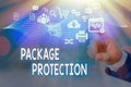 Conceptual hand writing showing Package Protection. Business photo text Wrapping and Securing items to avoid damage Labeled Box