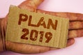 Conceptual hand writing showing Plan 2019. Business photo showcasing Challenging Ideas Goals for New Year Motivation to Start. Con Royalty Free Stock Photo