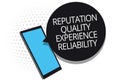 Conceptual hand writing showing Reputation Quality Experience Reliability. Business photo showcasing Customer satisfaction Good Se