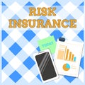 Conceptual hand writing showing Risk Insurance. Business photo text The possibility of Loss Damage against the liability