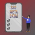 Conceptual hand writing showing Seo Meta Data. Business photo showcasing Search Engine Optimization Online marketing
