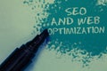 Conceptual hand writing showing Seo And Web Optimization. Business photo showcasing Search Engine Keywording Marketing