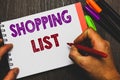 Conceptual hand writing showing Shopping List. Business photo text Discipline approach to shopping Basic Items to Buy Man holding