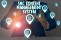 Conceptual hand writing showing Smc Content Management System. Business photo showcasing analysisgae creation and