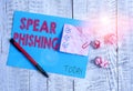 Conceptual hand writing showing Spear Phishing. Business photo showcasing Sending fake emails to extract financial data from user Royalty Free Stock Photo