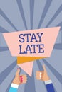 Conceptual hand writing showing Stay Late. Business photo text A routine in which a person goes to somewhere out of time Man woman
