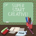 Conceptual hand writing showing Super Start Creative. Business photo showcasing Ability to invent and develop original