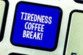 Conceptual hand writing showing Tiredness Coffee Break. Business photo showcasing short period for rest and refreshments Royalty Free Stock Photo