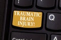 Conceptual hand writing showing Traumatic Brain Injury. Business photo showcasing Insult to the brain from an external