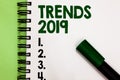 Conceptual hand writing showing Trends 2019. Business photo showcasing Upcoming year prevailing tendency Widely Discussed Online M Royalty Free Stock Photo