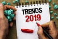 Conceptual hand writing showing Trends 2019. Business photo text Current Movement Latest Branding New Concept Prediction written b