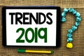 Conceptual hand writing showing Trends 2019. Business photo text Current Movement Latest Branding New Concept Prediction written o Royalty Free Stock Photo