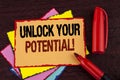 Conceptual hand writing showing Unlock Your Potential Motivational Call. Business photo showcasing Reveal talent Sow Skills Abilit Royalty Free Stock Photo